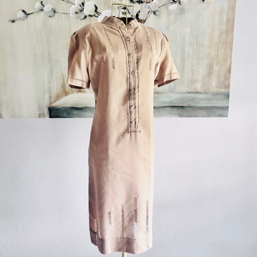 Handmade Linen Look Midi Dress & Slip Set Openwork Cutwork Estate Seamstress